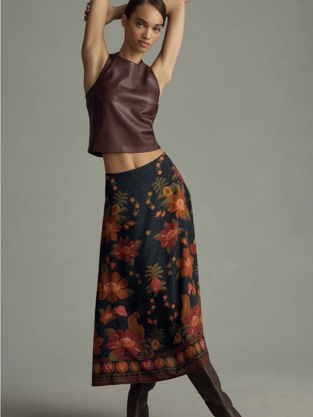 FARM Rio Black Midi Skirt with Rust and Orange Floral Border